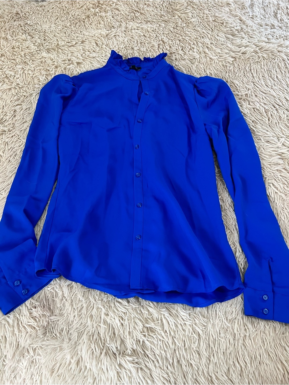 Express Royal Blue Ruffle-Neck Button Front Blouse